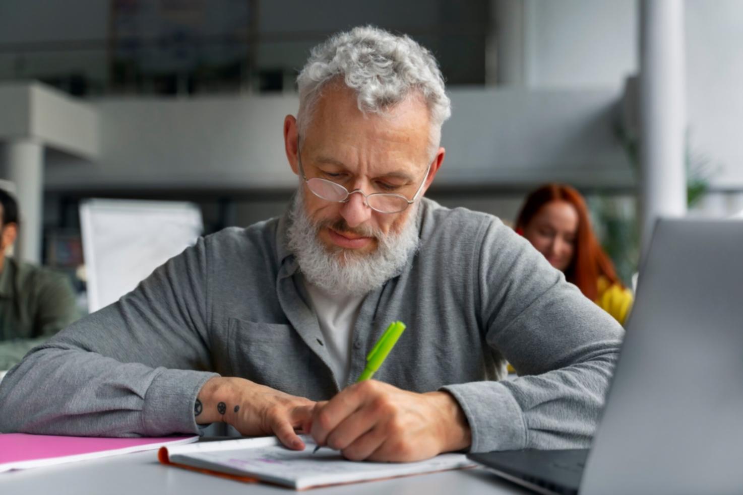 Financial analysis workspace with documents and data